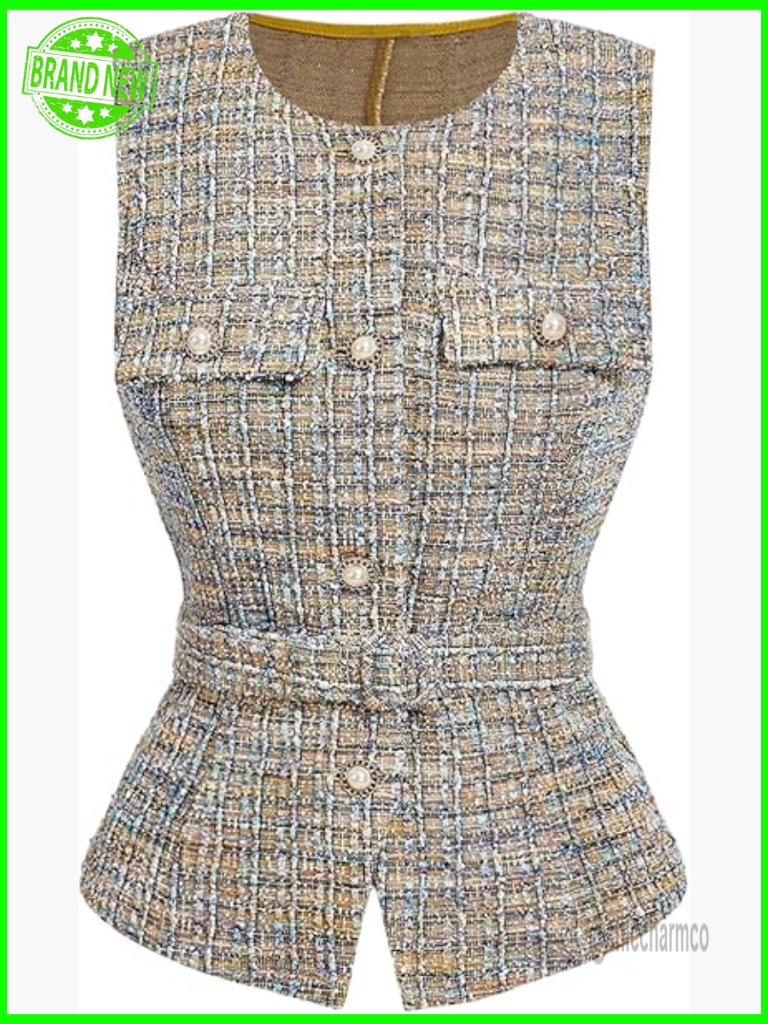 Tweed Plaid Blazer Vest Pearl Beaded Button Down Belted Jacket